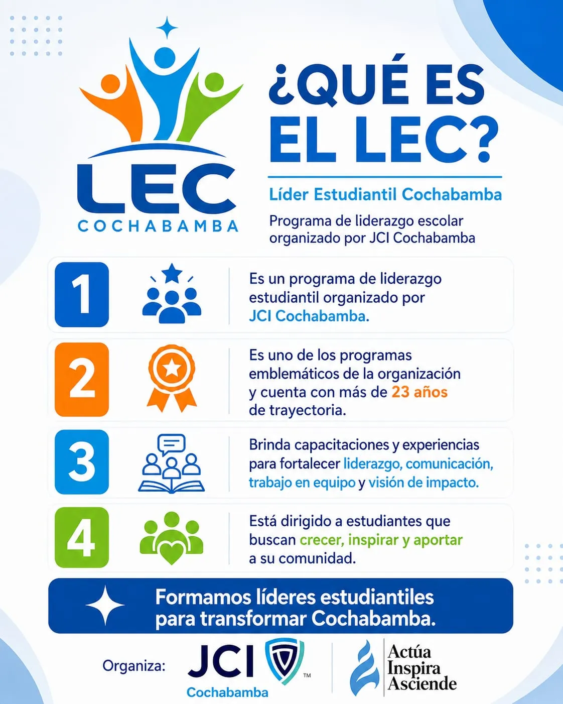 Pieza de campaña: ¿Qué es el LEC? Programa de liderazgo escolar organizado por JCI Cochabamba.